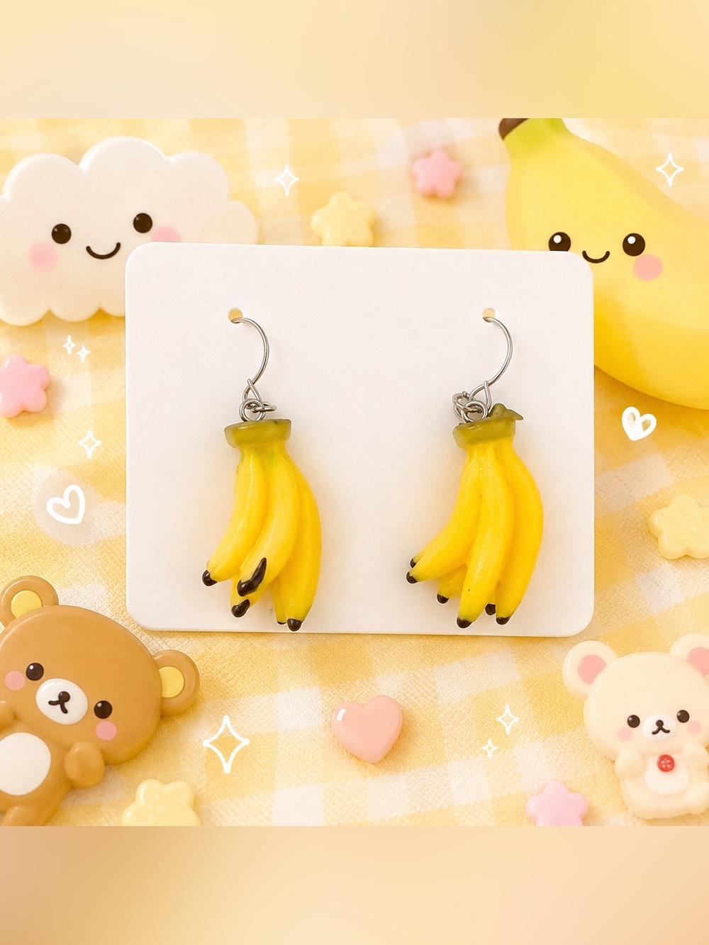 Mini Banana Bunch Dangle Earrings Kawaii Novelty Fruit 🛍️